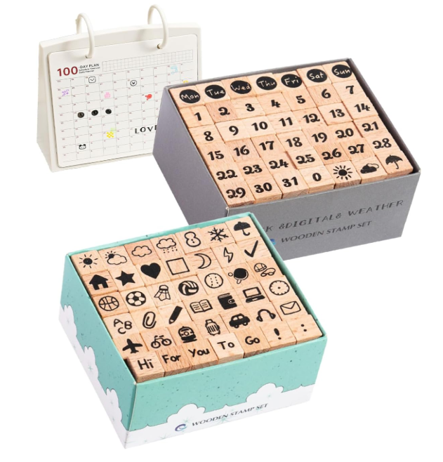 木製ゴムスタンプ：日付と曜日、天気など